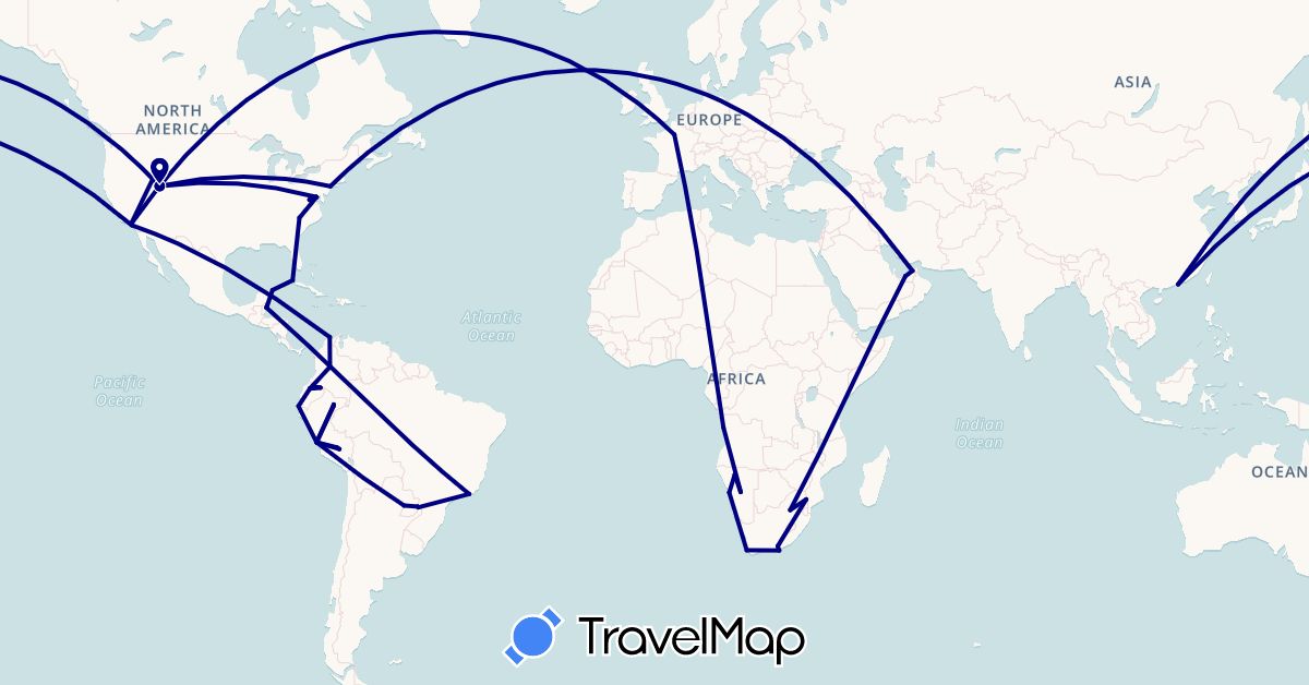 TravelMap itinerary: driving in United Arab Emirates, Angola, Argentina, Brazil, Belize, China, Colombia, Cuba, Ecuador, France, Mexico, Namibia, Peru, Paraguay, United States, South Africa (Africa, Asia, Europe, North America, South America)